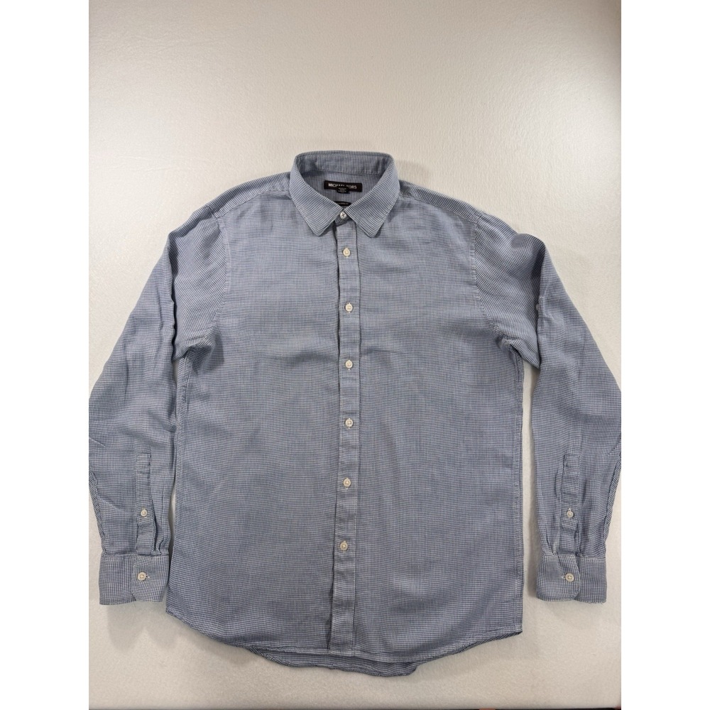 Michael Kors Tailored Fit Mens Button Up Long Sleeve Medium Blue Geometric Linen